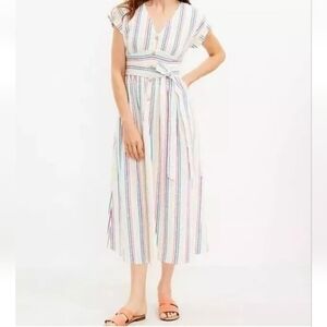 LOFT Striped Button Tie Waist Midi Dress